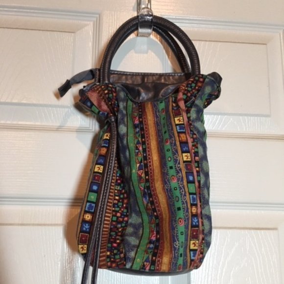 Drawstring Bucket Boho Mini Handbag Purse Silver Gray Multi Colors Striped - Picture 2 of 15